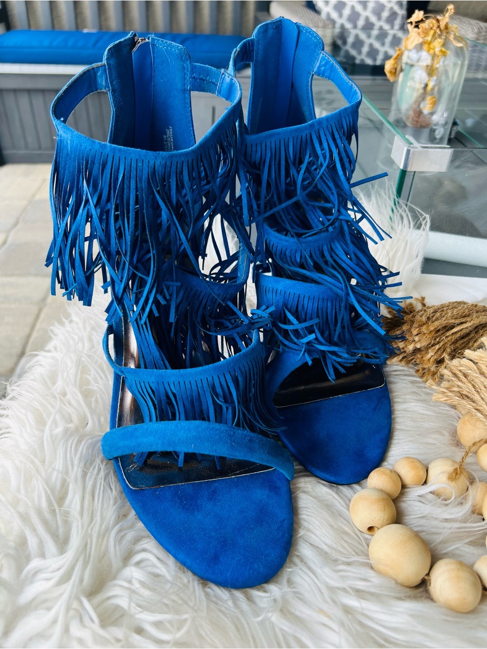 Ashley Stewart Electric Blue Fringe Suede Heeled Sandals